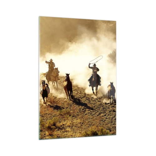 Quadro su vetro - Cowboy a cavallo nella polvere durante un rodeo - 50x70cm - Il vero Far West - Decorazione murale moderna per soggiorno e camera da letto ARTTOR