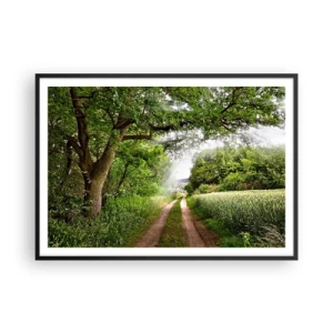Poster in cornice nera - Una strada sterrata tra alberi verdi e luce solare - 100x70cm - Et in Arcadia ego - Decorazione murale moderna per soggiorno e camera da letto ARTTOR