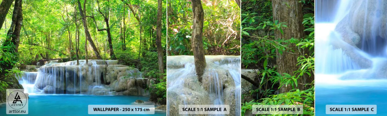 Campione Di Fotomurale Standard Eco - Annegare nel turchese e nel verde - Paesaggio, Cascata, Cascata - 100x30 cm