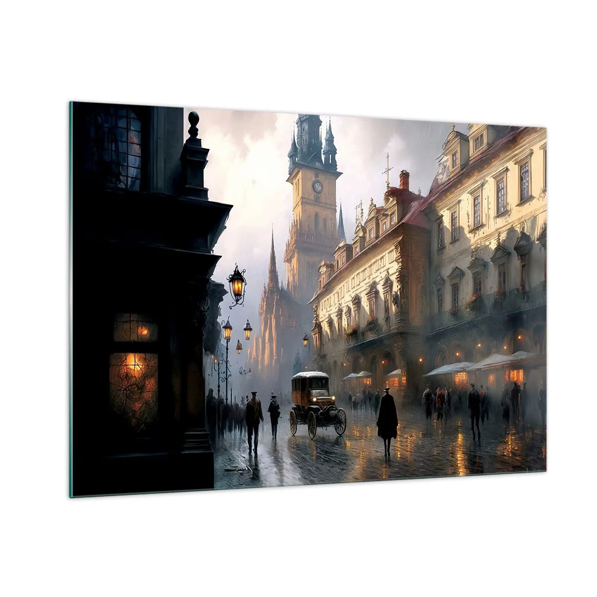 Quadro su vetro - Una strada storica illuminata dalle lanterne al tramonto - 100x70cm - Il fascino delle sere di Praga - Decorazione murale moderna per soggiorno e camera da letto ARTTOR