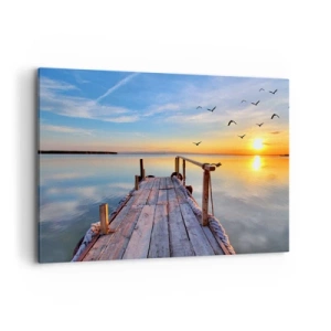 Quadro su tela - Stampe su Tela - Molo di legno al tramonto su un lago calmo - 100x70cm - Camminando verso il sole - Decorazione murale moderna per soggiorno e camera da letto ARTTOR
