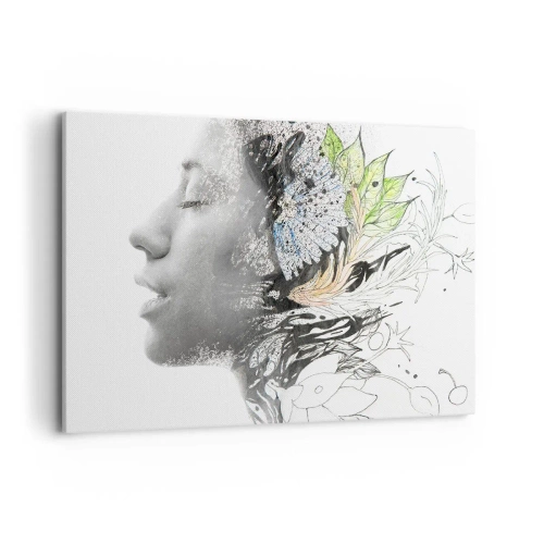Quadro su tela - Stampe su Tela - Profilo di una donna in un collage artistico di natura e oscurità - 100x70cm - Immersa nella natura - Decorazione murale moderna per soggiorno e camera da letto ARTTOR