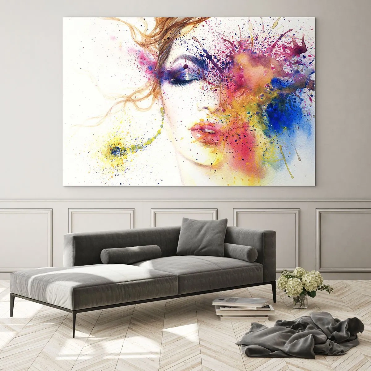 Quadro su vetro - Ritratto astratto di una donna con schizzi di vernice arcobaleno - 70x50cm - Capogiro arcobaleno - Decorazione murale moderna per soggiorno e camera da letto ARTTOR