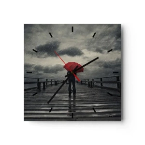 Orologio da parete - Orologio in Vetro - Una persona con un ombrello rosso su un molo piovoso - 30x30cm - Non importa che piove - Decorazione murale moderna per soggiorno e camera da letto ARTTOR