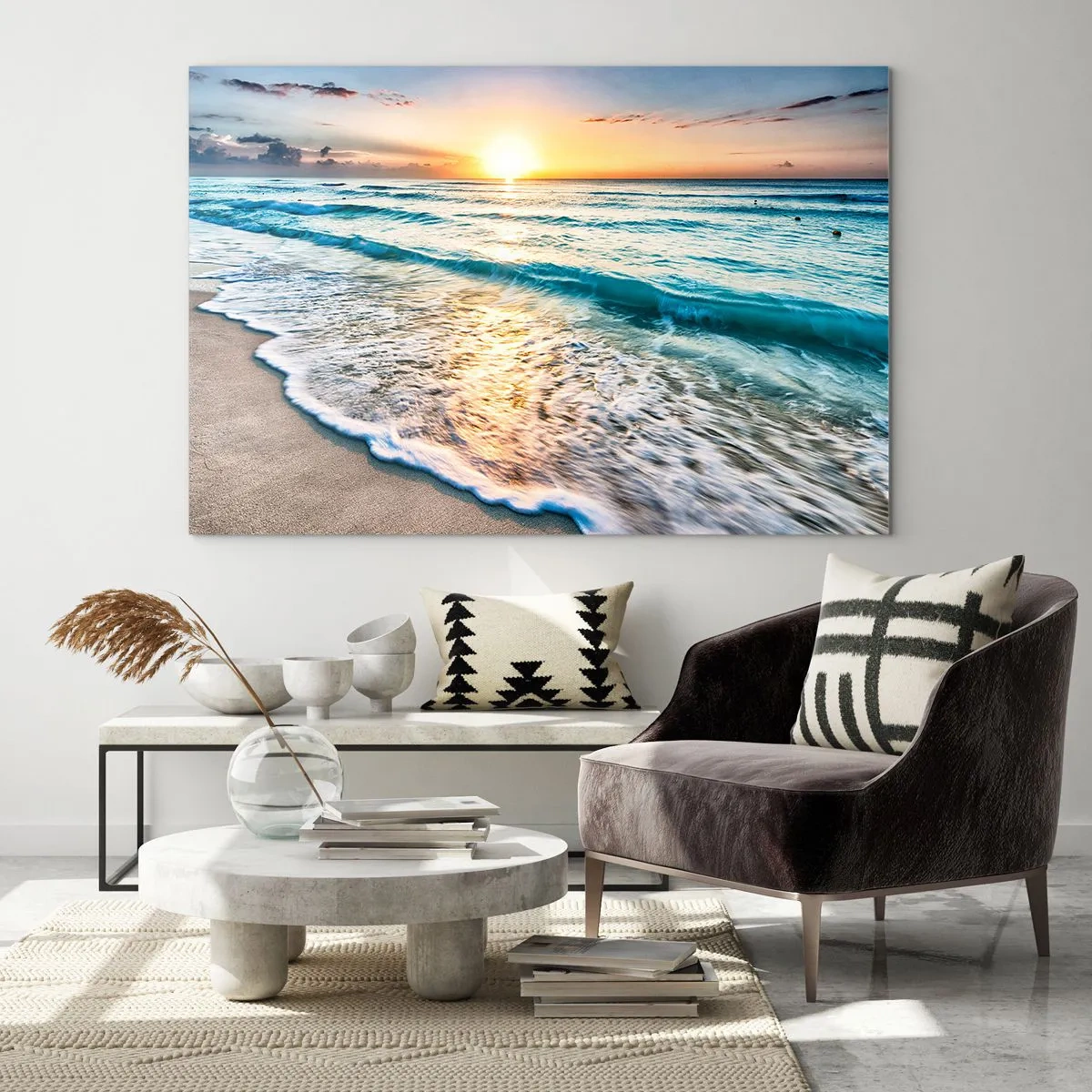 Quadro su vetro - Spiaggia al mattino con onde e alba - 100x70cm - Tramonto sul mare - Decorazione murale moderna per soggiorno e camera da letto ARTTOR
