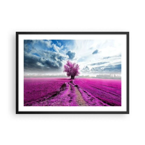 Poster in cornice nera - Un albero solitario in un campo in una tonalità di rosa intenso - 70x50cm - Brughiera selvatica - Decorazione murale moderna per soggiorno e camera da letto ARTTOR
