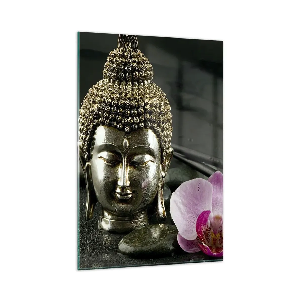 Quadro su vetro - Una statuetta di Buddha con un'orchidea e delle bacchette su uno sfondo di pietre - 80x120cm - Armonia di saggezza e bellezza - Decorazione murale moderna per soggiorno e camera da letto ARTTOR
