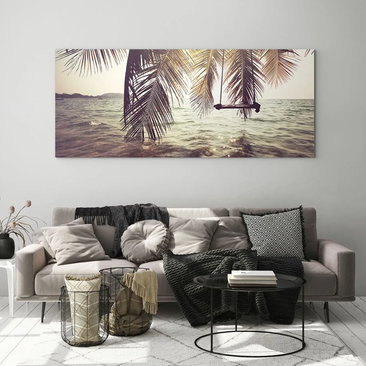 Quadro su vetro - Palma con altalena sull'acqua alla luce del sole - 140x50cm - Si può dondolare tra le nuvole a volontà - Decorazione murale moderna per soggiorno e camera da letto ARTTOR