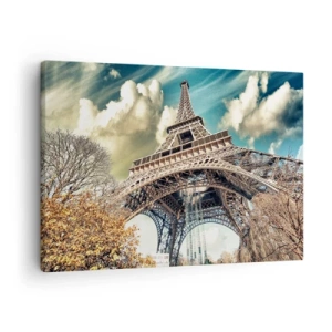 Quadro su tela - Stampe su Tela - La Torre Eiffel dal basso in un ambiente autunnale - 70x50cm - L'autunno a Parigi... - Decorazione murale moderna per soggiorno e camera da letto ARTTOR