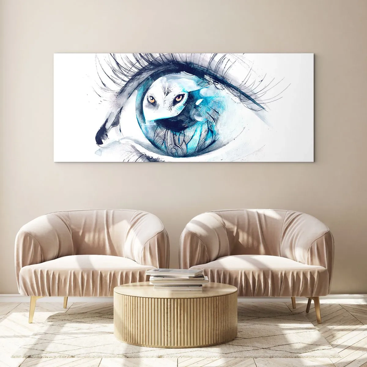 Quadro su vetro - Un occhio con l'immagine di un gufo in tonalità di blu acquerellate - 140x50cm - Faccia a faccia con la natura selvaggia - Decorazione murale moderna per soggiorno e camera da letto ARTTOR