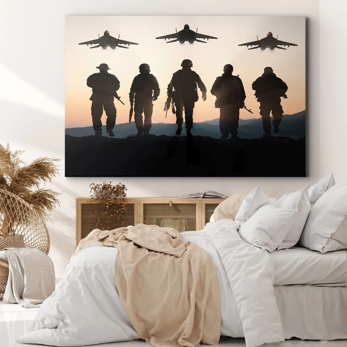 Quadro su tela - Stampe su Tela - Sagome di soldati e aerei da combattimento sullo sfondo del tramonto - 120x80cm - Benvenuto nel nostro mondo - Decorazione murale moderna per soggiorno e camera da letto ARTTOR