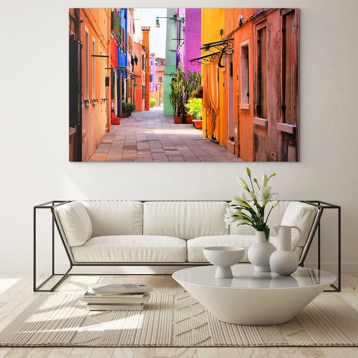 Quadro su vetro - Una strada colorata con case popolari in tonalità calde - 100x70cm - Angolo multicolore - Decorazione murale moderna per soggiorno e camera da letto ARTTOR