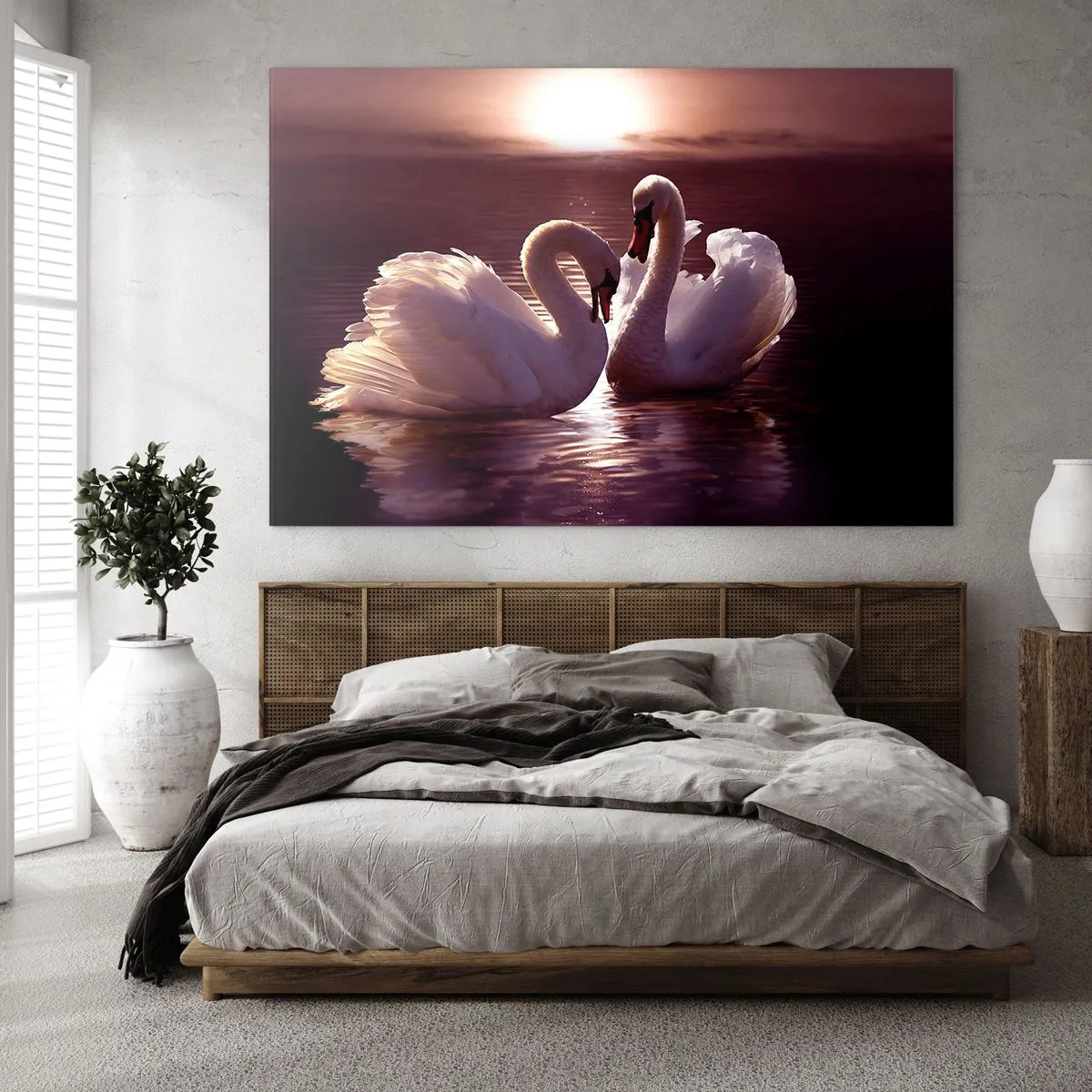 Quadro su vetro - Due cigni sull'acqua alla luce del sole al tramonto - 70x50cm - Finché la morte non ci separi - Decorazione murale moderna per soggiorno e camera da letto ARTTOR