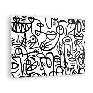 Quadro su vetro - Astrazione in bianco e nero con occhi, volti e linee - 70x50cm - Volti e miraggi - Decorazione murale moderna per soggiorno e camera da letto ARTTOR
