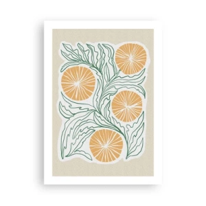 Poster - Composizione astratta di foglie e arance su sfondo beige - 50x70cm - Etnicamente con una nota di astrazione - Decorazione murale moderna per soggiorno e camera da letto ARTTOR