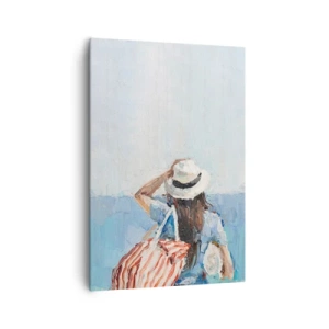 Quadro su tela - Stampe su Tela - Una donna con un cappello contro il mare blu - 70x100cm - Benvenuti in vacanza - Decorazione murale moderna per soggiorno e camera da letto ARTTOR