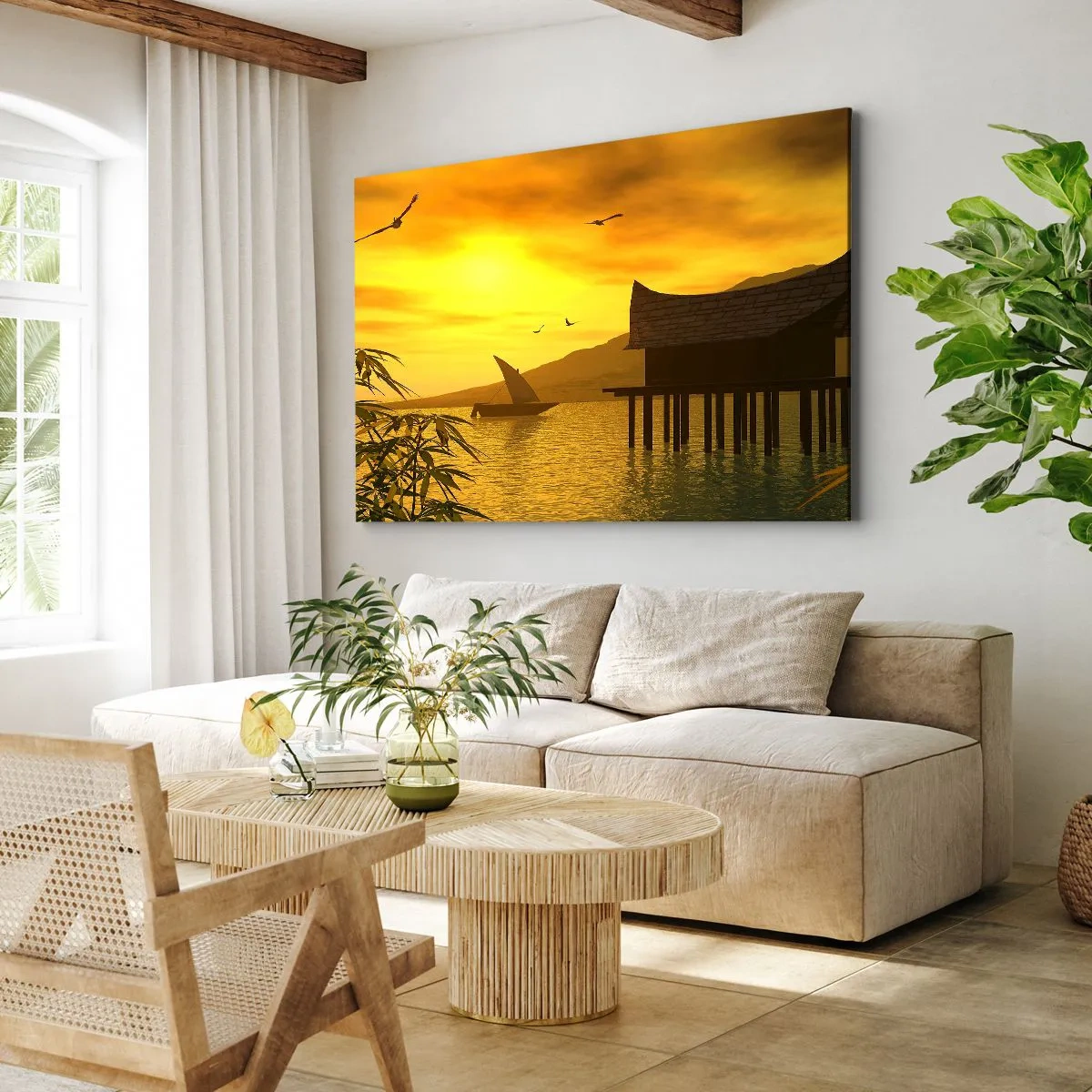 Quadro su tela - Stampe su Tela - Tramonto tropicale sull'acqua con casa in legno su palafitte. - 120x80cm - Calma desiderata - Decorazione murale moderna per soggiorno e camera da letto ARTTOR