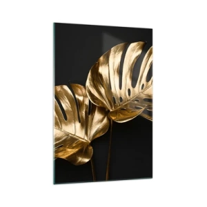 Quadro su vetro - Foglie di monstera dorate su sfondo nero - 70x100cm - I tesori della natura - Decorazione murale moderna per soggiorno e camera da letto ARTTOR