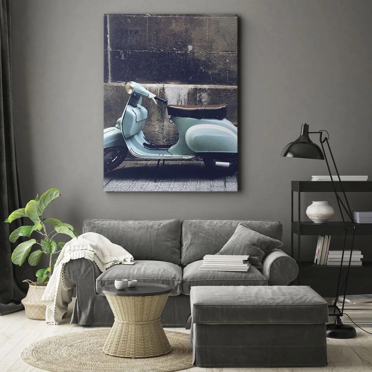 Quadro su tela - Stampe su Tela - Uno scooter retrò parcheggiato contro un muro di pietra - 50x70cm - Atmosfera indimenticabile - Decorazione murale moderna per soggiorno e camera da letto ARTTOR