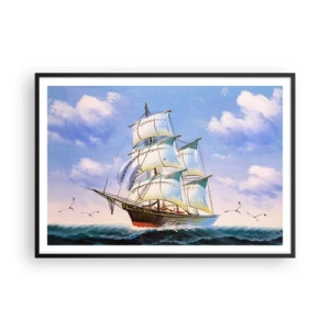 Poster in cornice nera - Una nave a vela in mare aperto sotto un cielo azzurro - 100x70cm - Con orgoglio nel vento - Decorazione murale moderna per soggiorno e camera da letto ARTTOR