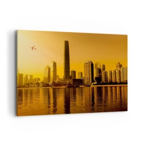Quadro su tela - Stampe su Tela - Panorama della città al tramonto con grattacieli e un aereo - 120x80cm - Città d'oro - Decorazione murale moderna per soggiorno e camera da letto ARTTOR