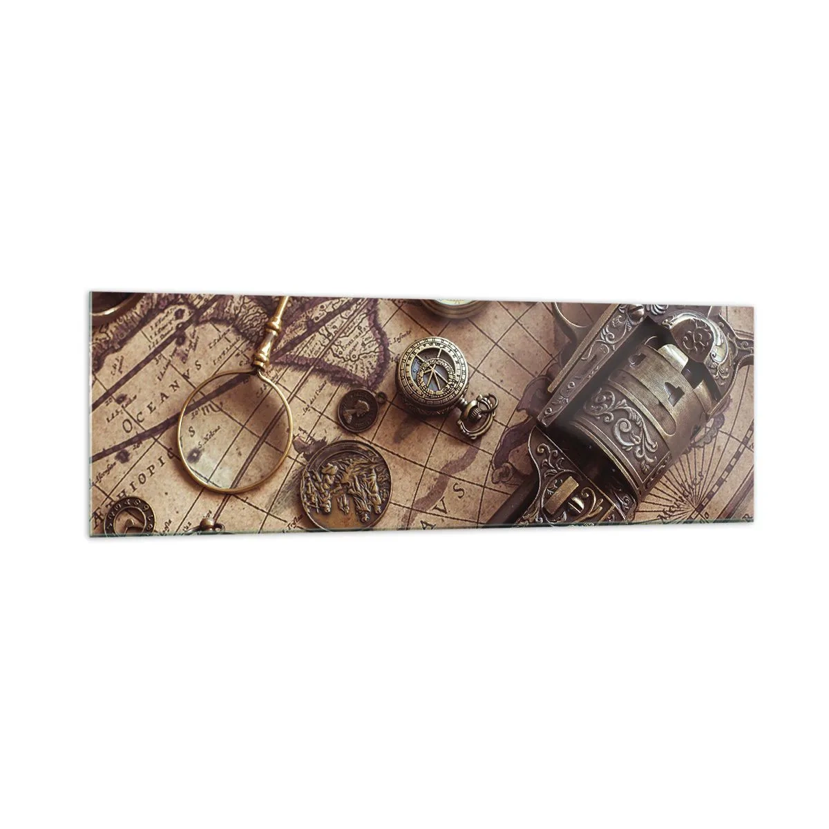 Quadro su vetro - Oggetti antichi su una vecchia mappa in stile retrò - 160x50cm - La natura chiama - Decorazione murale moderna per soggiorno e camera da letto ARTTOR