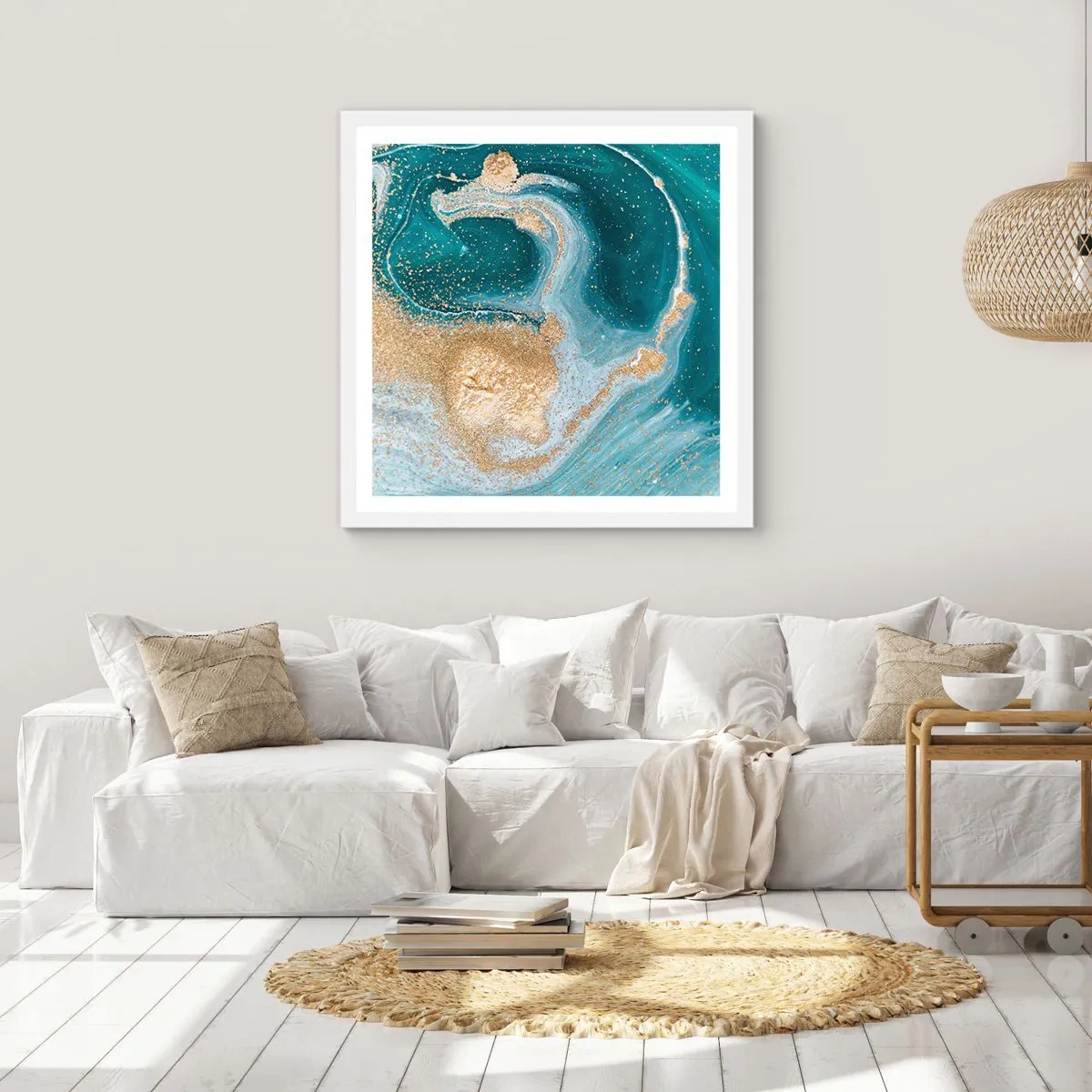 Poster in cornice bianca - Vortice di oro e turchese - 50x50 cm