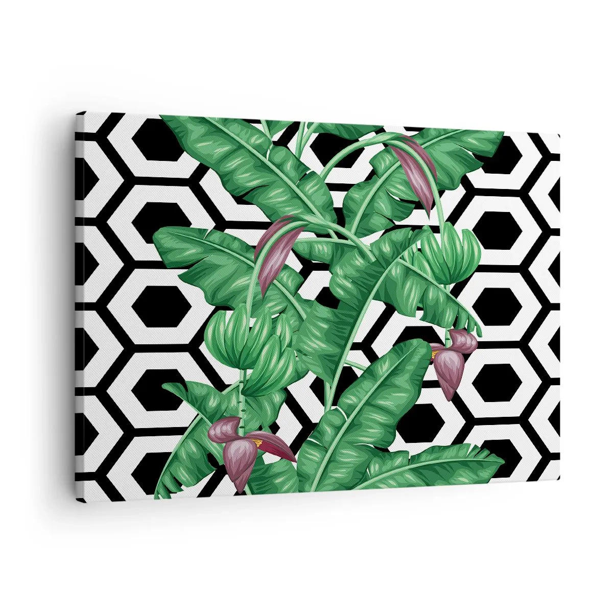 Quadro su tela - Stampe su Tela - Foglie tropicali su sfondo geometrico - 70x50cm - Composizione simmetrica con la natura - Decorazione murale moderna per soggiorno e camera da letto ARTTOR