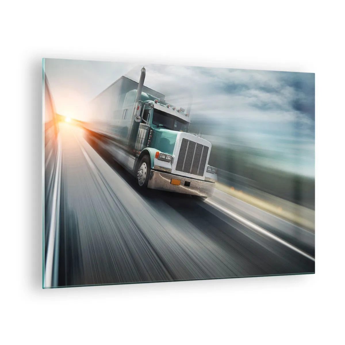 Quadro su vetro - Camion in autostrada al tramonto - 70x50cm - Gigante americano in corsa - Decorazione murale moderna per soggiorno e camera da letto ARTTOR