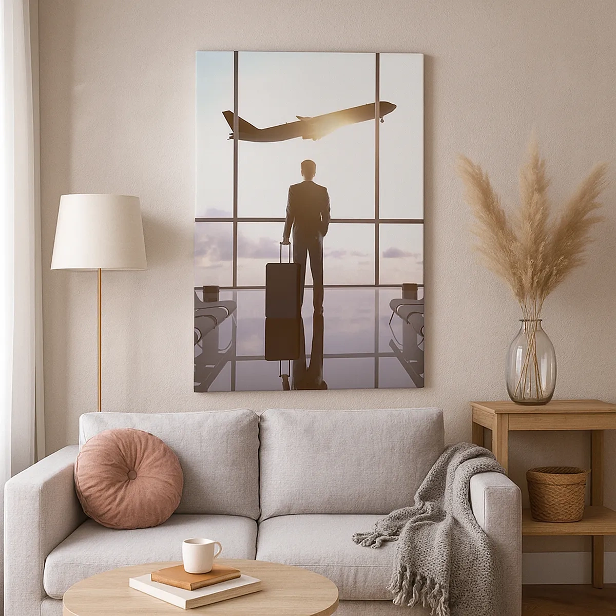 Quadro su tela - Stampe su Tela - Uomo d'affari all'aeroporto con un aereo sullo sfondo - 50x70cm - Hai tempo, rallenta - Decorazione murale moderna per soggiorno e camera da letto ARTTOR
