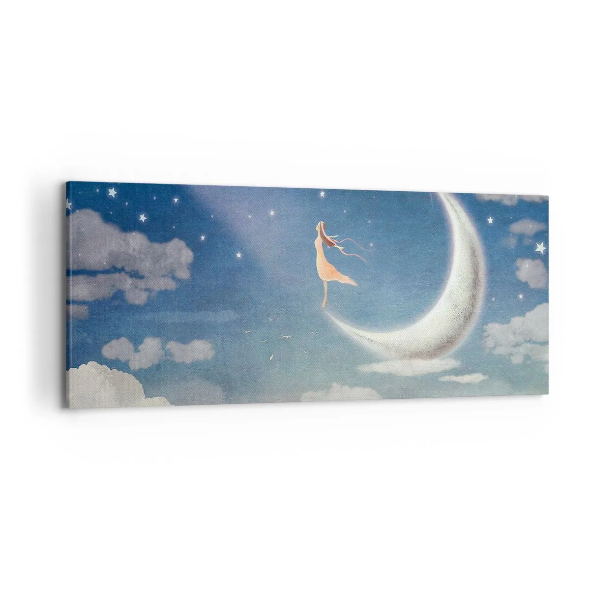 Quadro su tela - Stampe su Tela - Una donna sulla luna circondata da stelle e nuvole - 120x50cm - Seduttrice celeste - Decorazione murale moderna per soggiorno e camera da letto ARTTOR