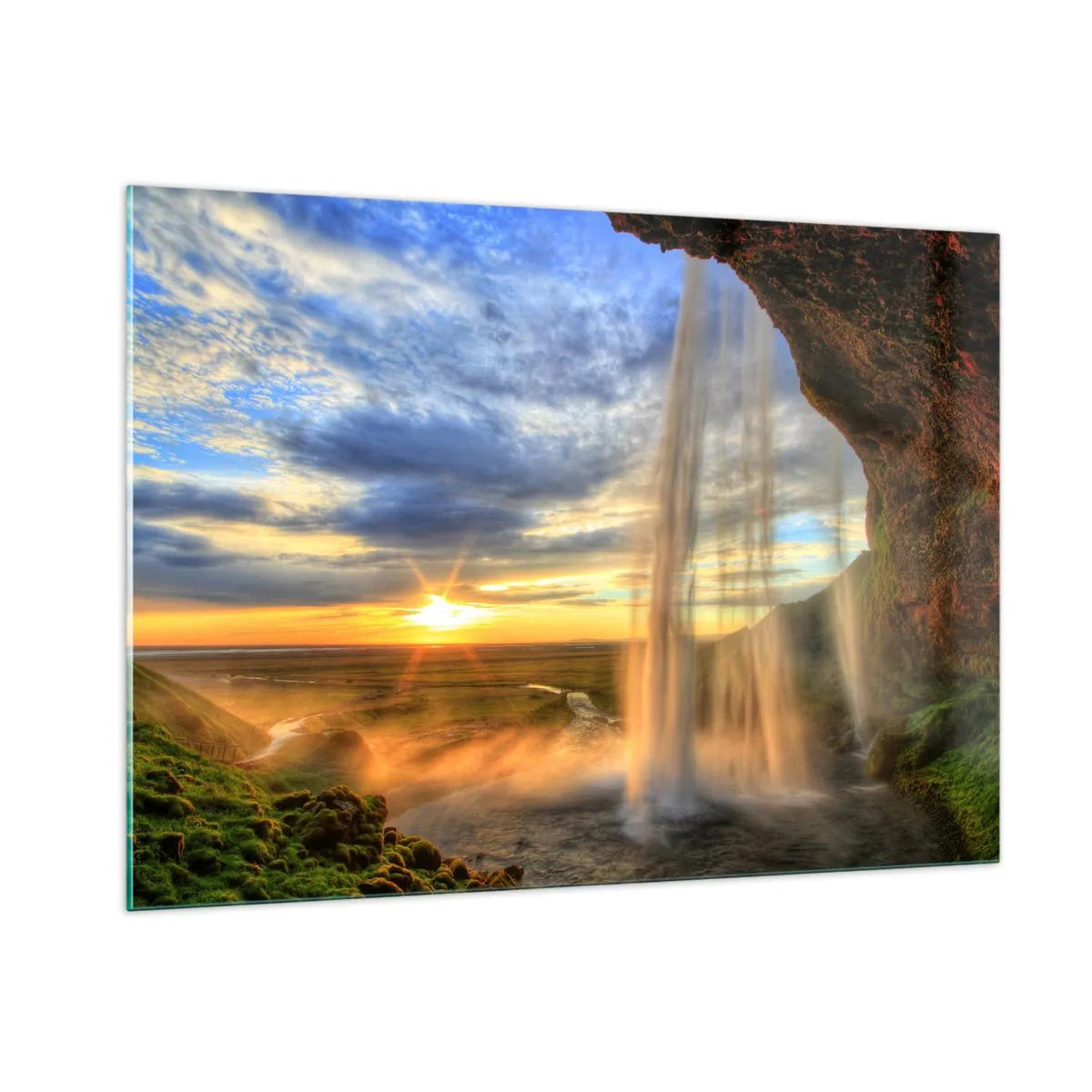 Quadro su vetro - Cascata con vista sul tramonto e sulla valle - 100x70cm - Il mondo dietro una tenda di gocce - Decorazione murale moderna per soggiorno e camera da letto ARTTOR