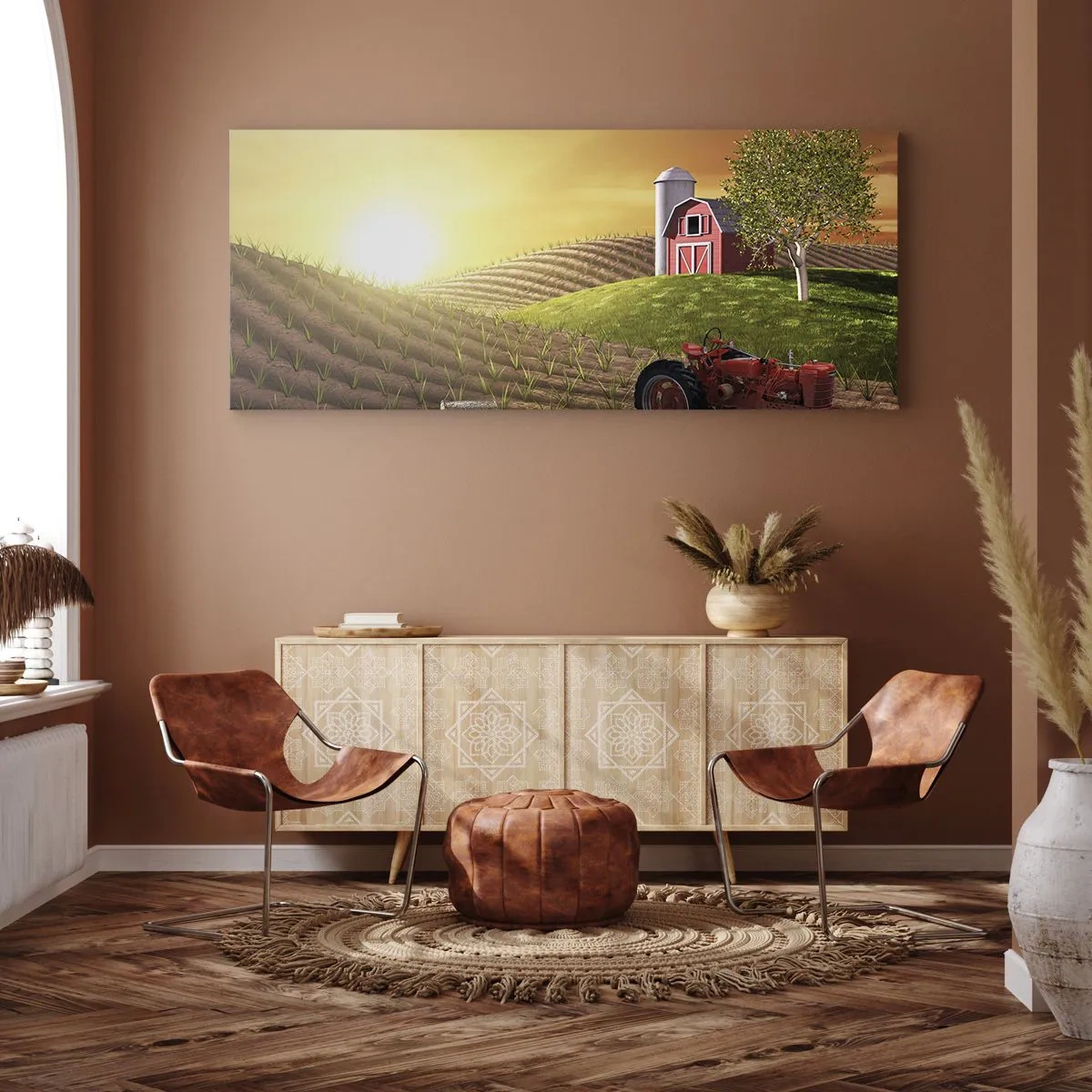 Quadro su tela - Stampe su Tela - Paesaggio rurale con un fienile rosso, un trattore e l'alba - 120x50cm - La fattoria delle favole - Decorazione murale moderna per soggiorno e camera da letto ARTTOR