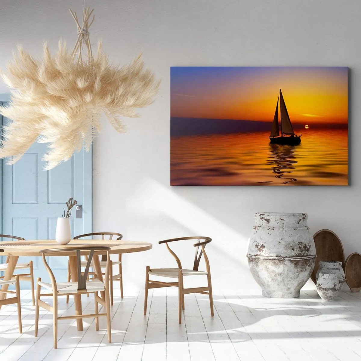 Quadro su tela - Stampe su Tela - Una barca a vela su un mare calmo al tramonto - 120x80cm - Che silenzio al tramonto... - Decorazione murale moderna per soggiorno e camera da letto ARTTOR
