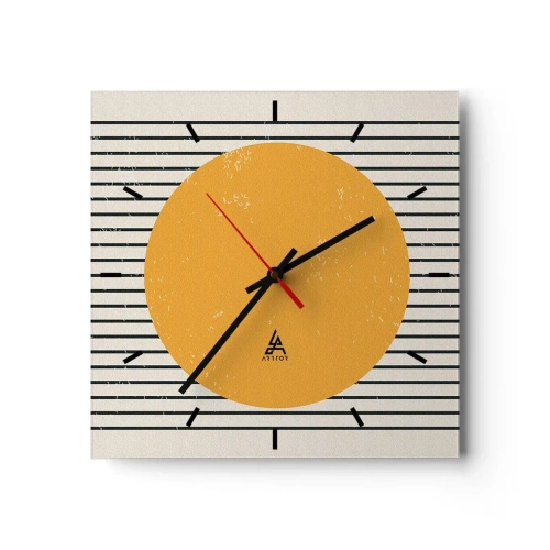 Orologio da parete - Orologio in Vetro - Un cerchio giallo su uno sfondo di linee orizzontali bianche e nere - 30x30cm - La forza della semplicità - Decorazione murale moderna per soggiorno e camera da letto ARTTOR