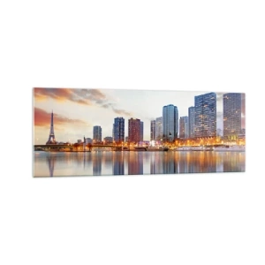 Quadro su vetro - Panorama di edifici moderni e della Torre Eiffel sull'acqua - 140x50cm - La pace monumentale di Parigi - Decorazione murale moderna per soggiorno e camera da letto ARTTOR
