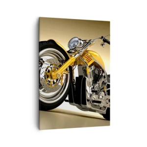 Quadro su tela - Stampe su Tela - Una motocicletta gialla in stile chopper contro un muro beige - 50x70cm - Sogno di forza e di velocità - Decorazione murale moderna per soggiorno e camera da letto ARTTOR