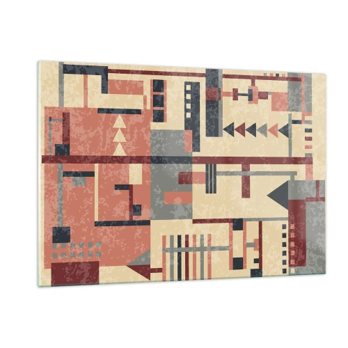 Quadro su vetro - Motivo geometrico astratto nelle tonalità del beige e del rosso - 120x80cm - Combinazione di orizzontali e verticali - Decorazione murale moderna per soggiorno e camera da letto ARTTOR