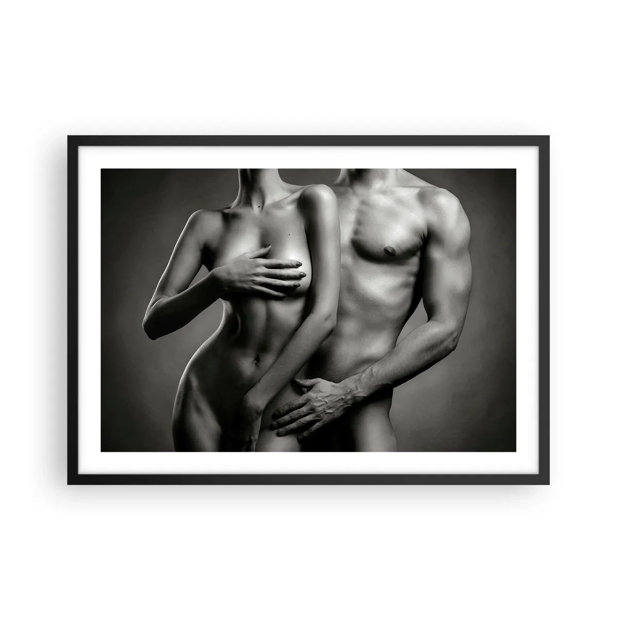 Poster in cornice nera - Rappresentazione in bianco e nero di corpi femminili e maschili in una posa artistica - 70x50cm - Adamo ed Eva - Decorazione murale moderna per soggiorno e camera da letto ARTTOR