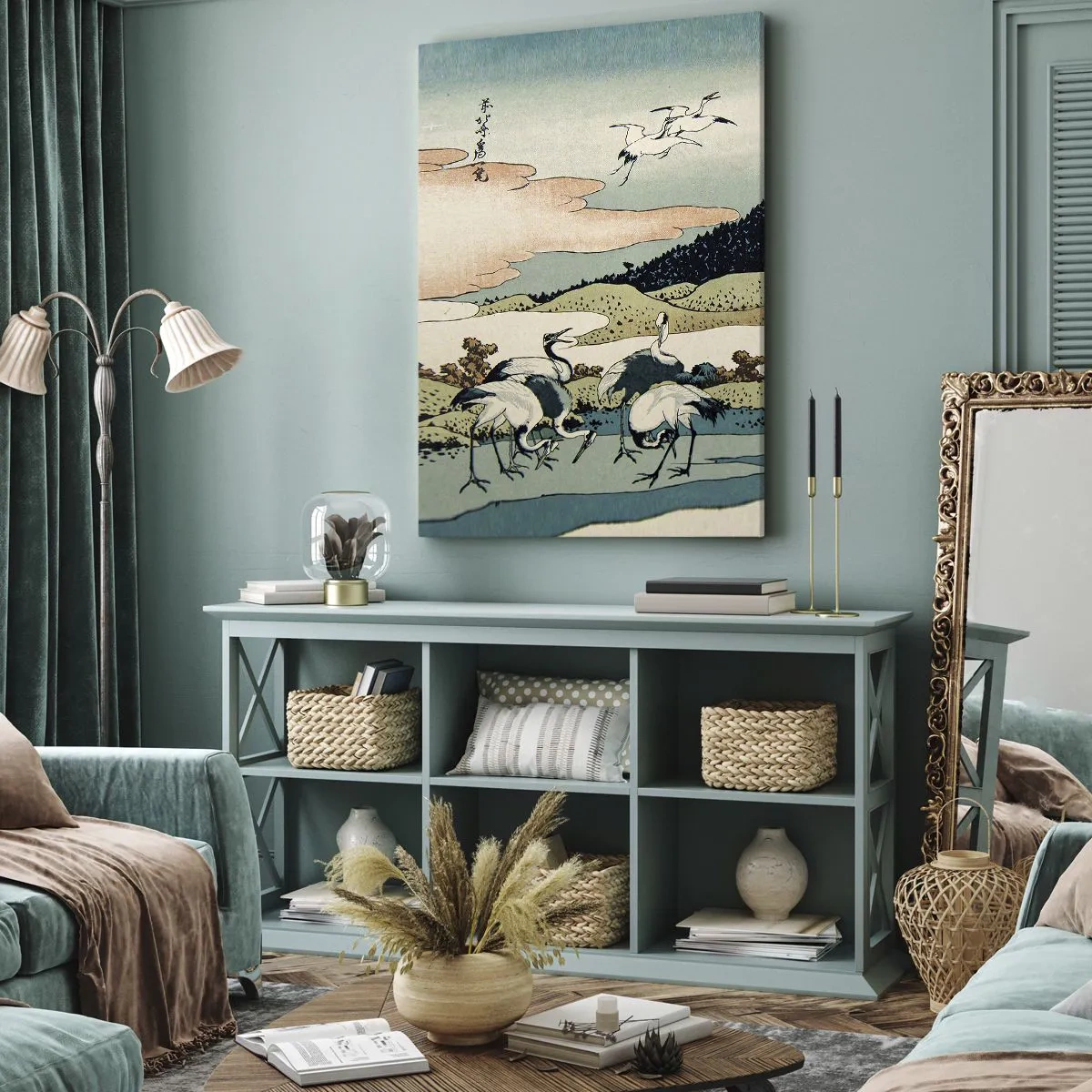 Quadro su tela - Stampe su Tela - Grafica tradizionale giapponese con montagne e gru - 80x120cm - Nello spirito giapponese - Decorazione murale moderna per soggiorno e camera da letto ARTTOR