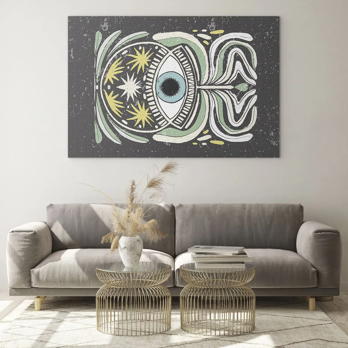 Quadro su vetro - Occhio grafico con ornamenti tribali su sfondo scuro - 70x50cm - Rituali tribali - Decorazione murale moderna per soggiorno e camera da letto ARTTOR