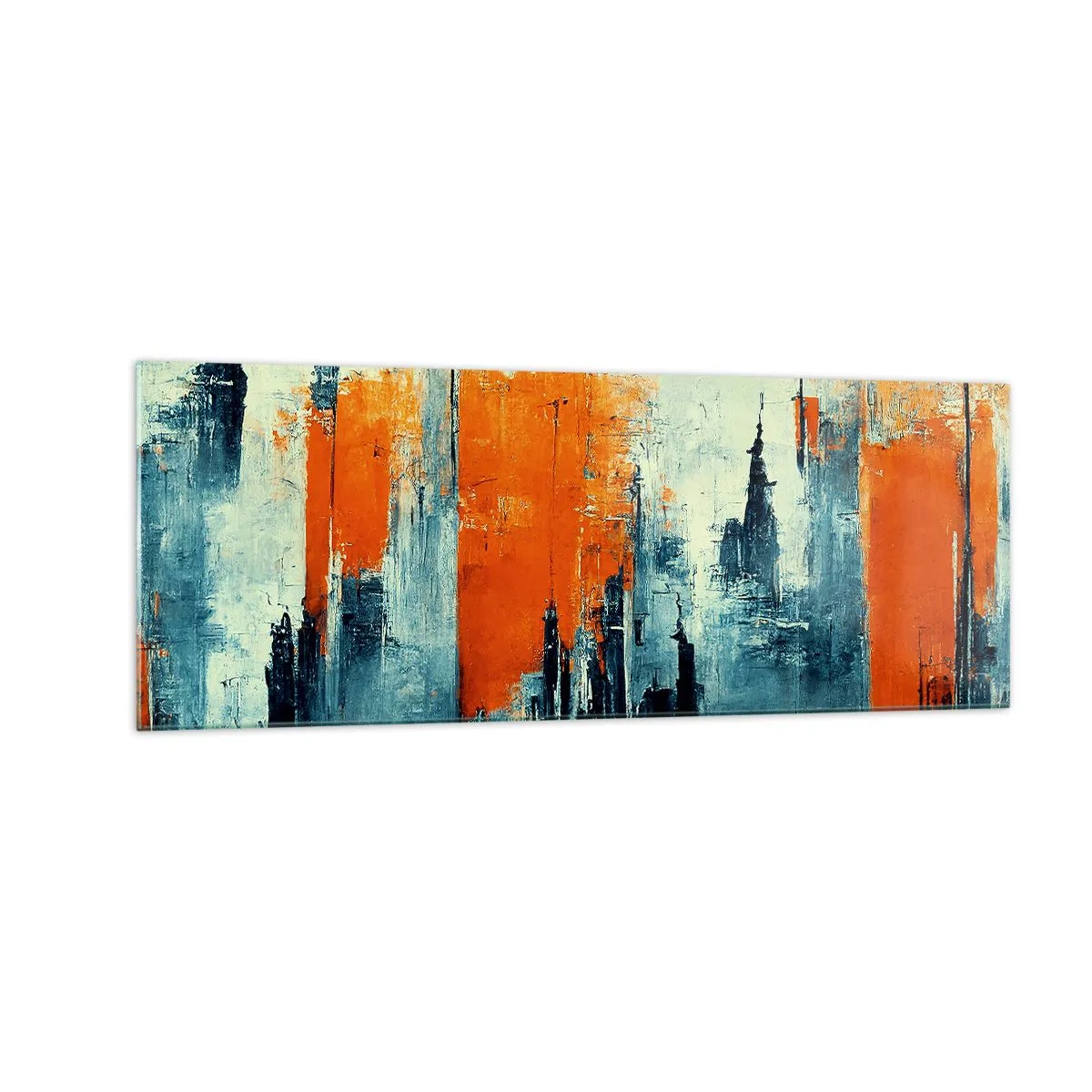 Quadro su vetro - Paesaggio urbano astratto nei toni dell'arancione e del blu - 140x50cm - Paesaggio moderno - Decorazione murale moderna per soggiorno e camera da letto ARTTOR