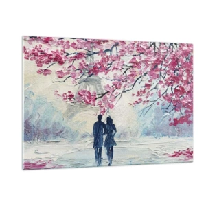 Quadro su vetro - Una coppia che cammina sotto gli alberi in fiore - 120x80cm - Passeggiata romantica - Decorazione murale moderna per soggiorno e camera da letto ARTTOR