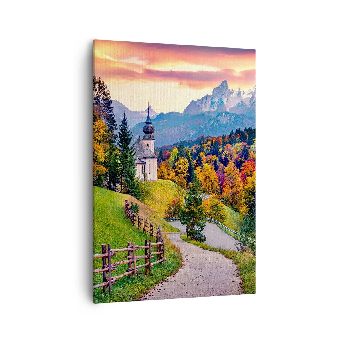 Quadro su tela - Stampe su Tela - Paesaggio montano autunnale con cappella e tramonto - 70x100cm - Un paesaggio come dipinto - Decorazione murale moderna per soggiorno e camera da letto ARTTOR