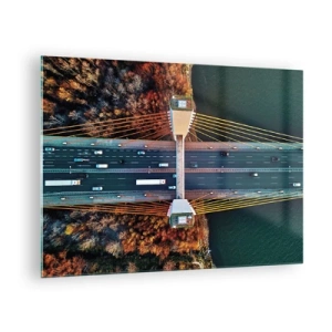 Quadro su vetro - Vista aerea del ponte con disposizione simmetrica di cavi e vagoni - 70x50cm - Oltre il fiume, oltre il bosco - Decorazione murale moderna per soggiorno e camera da letto ARTTOR