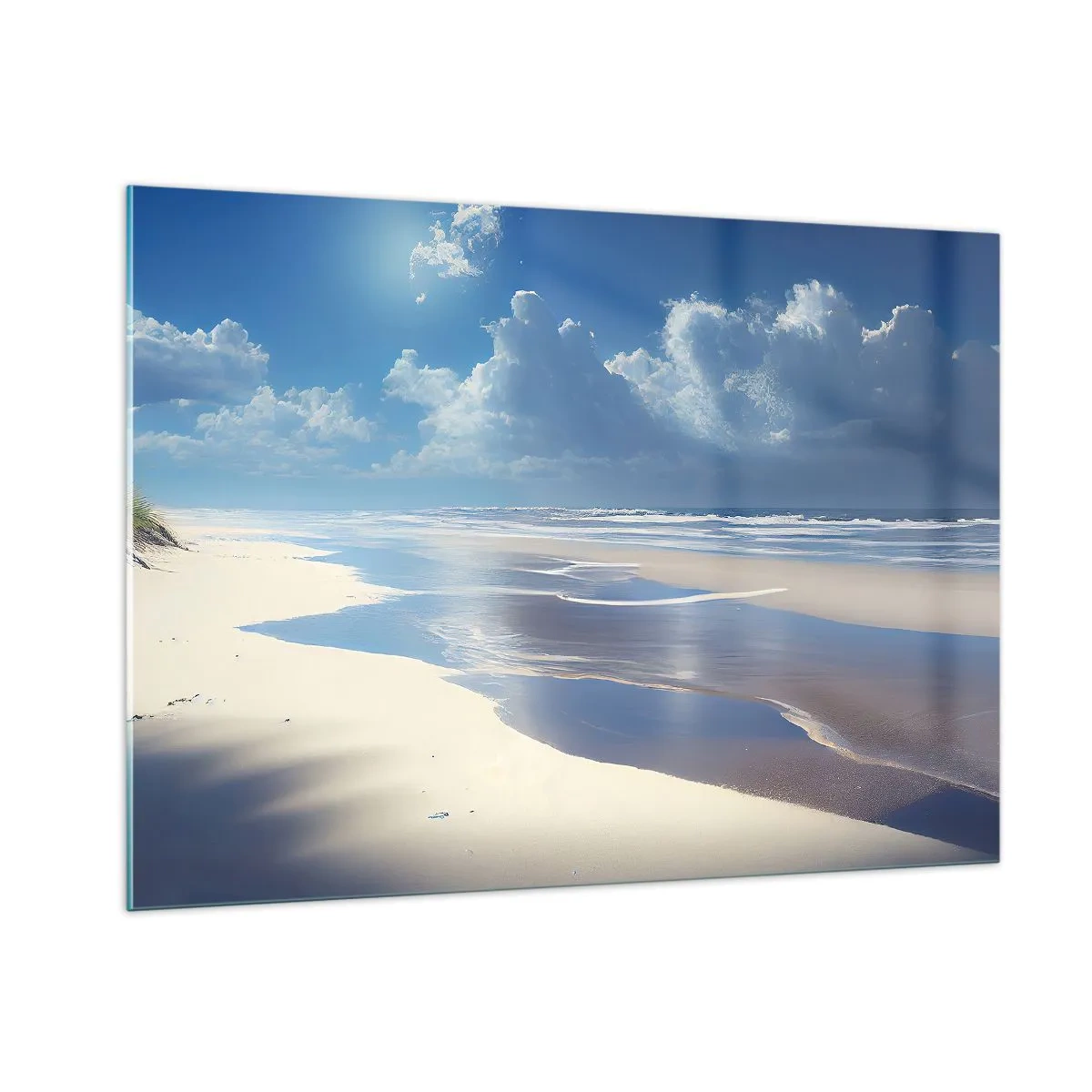 Quadro su vetro - Un'ampia spiaggia sabbiosa e onde calme sotto un cielo azzurro - 100x70cm - Vacanze in paradiso - Decorazione murale moderna per soggiorno e camera da letto ARTTOR