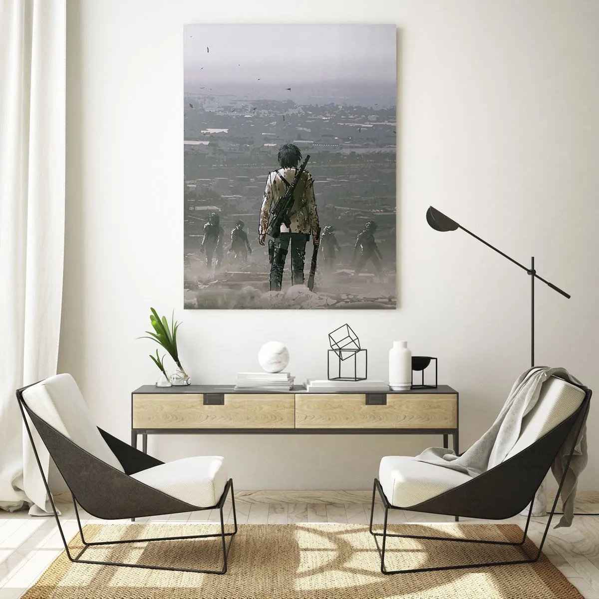 Quadro su vetro - Una figura con una pistola è in piedi di fronte a un gruppo in un paesaggio distopico. - 80x120cm - L'ultimo dei giusti? - Decorazione murale moderna per soggiorno e camera da letto ARTTOR