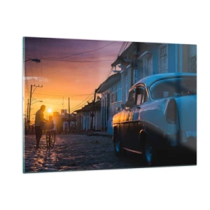 Quadro su vetro - Strada suggestiva con un'auto d'epoca al tramonto - 120x80cm - Qui il tempo rallenta - Decorazione murale moderna per soggiorno e camera da letto ARTTOR