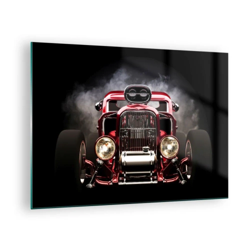Quadro su vetro - Auto rossa rovente in un denso fumo - 70x50cm - Fast and furiously beautiful - Decorazione murale moderna per soggiorno e camera da letto ARTTOR