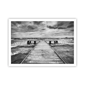 Poster - Una vista in bianco e nero di un molo di legno su un mare in tempesta. - 100x70cm - Aspetto che il vento le scacci via... - Decorazione murale moderna per soggiorno e camera da letto ARTTOR